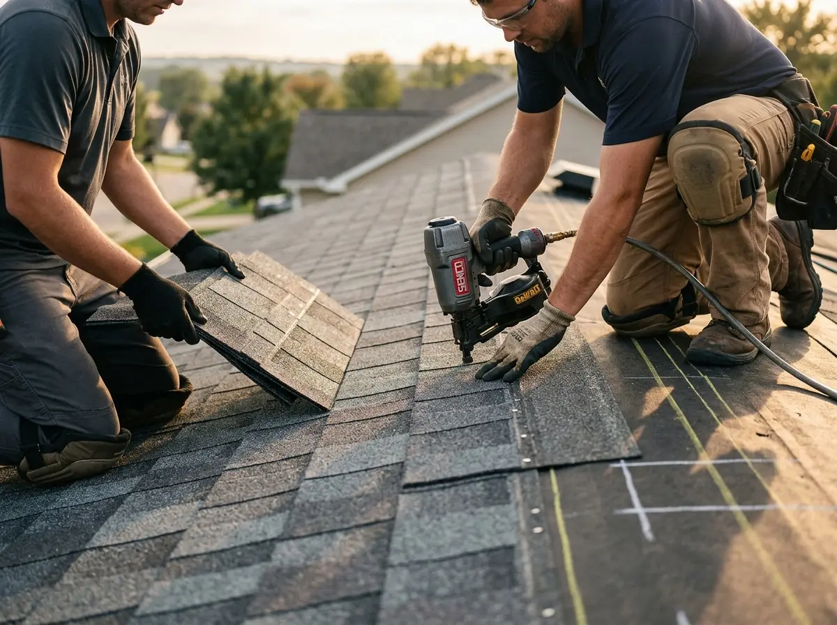 Professional roofer working on a residential roof in Yorktown